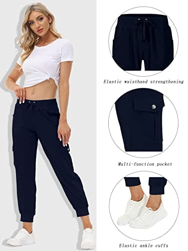 MoFiz Women Cargo Pants with Pockets Lightweight Outdoor Summer Travel Casual Hiking Pants Running Joggers Sweatpants Elastic Waist Navy L - Image 2