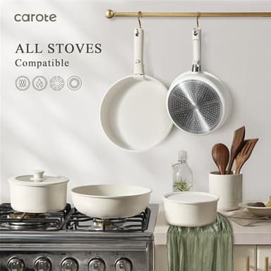 CAROTE 5pcs Pots and Pans Set Non Stick, Cookware Set, Removable Handle Pots and Pans Nonstick, RV Oven Safe Cookware, Induction Kitchen Cookware Set, Knife Set, Cream White - Image 4