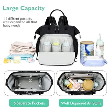 LORADI Convertible Diaper Bag Tote, Wide Open Top 14 Pockets Stylish Baby Diaper Bag with Stroller Buckle, Water-resistant (Black, Large) - Image 2