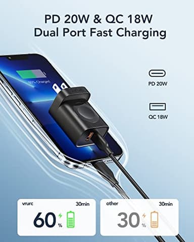 VRURC for Apple Watch Charger, Wireless Magnetic Portable iWatch Charger, PD 20W 3-in-1 Travel Fast Charging Block for iWatch Ultra/SE/10/9/8/7/6/5/4/3/2/, iPhone 17/16/15/14/13,Android-Black - Image 2