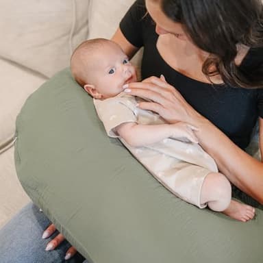 Konssy Muslin Nursing Pillow Covers, Soft and Cute Nursing Covers for Breastfeeding Pillows, Ideal for Newborn Baby Boys and Girls (Fog Green, Cream) - 2 Pack - Image 2