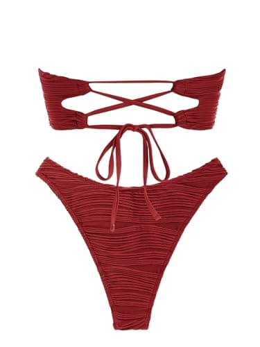 ZAFUL Women Strapless Textured Bandeau Bikini 2 Piece Swimwear Cheeky Solid Lace up Bathing Suits(1-Red,M) - Image 6
