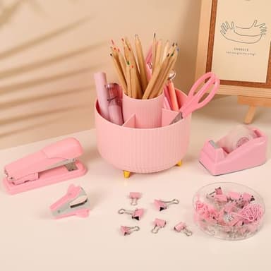 SKYDUE Pink Desk Accessories 10Pcs, Rotating Pen Holder for Desk, Stapler, Staple Remover, Tape Dispenser,2pcs Tape Refills, Binder Paper Clips Kit, Scissor,Pink Office School Supplies - Image 2