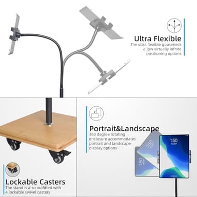 wishacc Tablet Floor Stand for Bed - Gooseneck Tablet Holder Mount with Adjustable Height and 4 Wheels, Compatible with iPad mini Air Pro 12.9/9.7, Galaxy Tab, Kindle, Cell Phones (4.7"-13") - Image 7