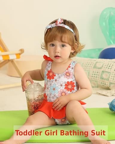 Toddler Girl Swimsuit One Piece Bathing Suit Summer Daisy Baby Bathing Suit Strap Swimming Beachwear Suit Orange Toddler Swimsuit Girl 18-24 Months - Image 2