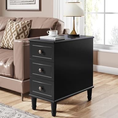 Tribesigns Solid Wood End Table, Fully Assembled Narrow Side Table with Drawers, Pre-Assembled Nightstand Slim Bedside Table for Small Spaces, Living Room, Bedroom, Black - Image 1