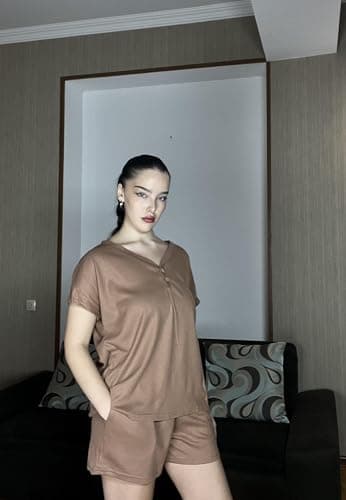 Ekouaer Womens 2 Piece Short Sets Waffle Knit Lounge Set Women's Pajama Set Summer Outfits V Neck and Shorts with Pockets Brown - Image 3