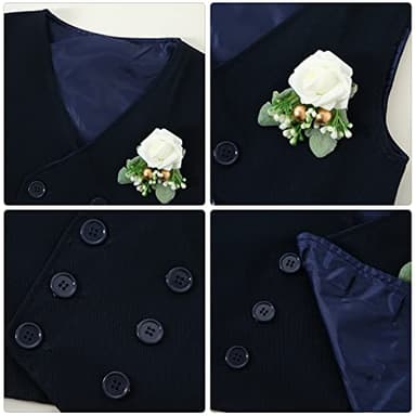 YALLET Toddler Baby Boy Clothes Suit Gentleman Wedding Outfits, Formal Dress Shirt+Bowtie+Vest+Boutonniere+Suspender Pants(V Navy Blue, 2-3T) - Image 5