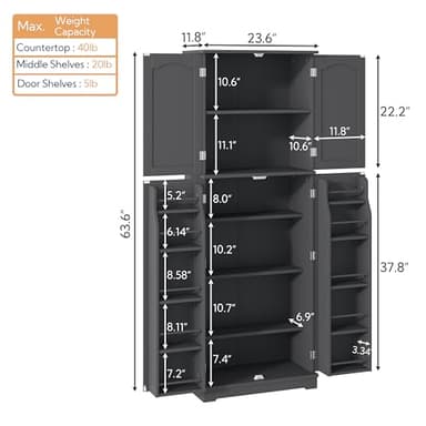Yusong 64'' Kitchen Storage Cabinet, Tall Kitchen Pantry Storage Cabinet with Doors and Shelves, Food Pantry Cabinet Free Standing Pantry for Kitchen Dining Living Room, Grey - Image 3
