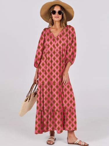 ANRABESS Womens Boho Maxi Dresses 2025 Summer V Neck Puff Sleeve Floral Flowy Swing Fall Casual Long Dress Pink Small - Image 7