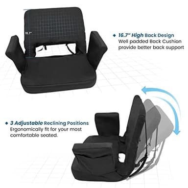 TOPSKY Stadium Seat with Back Support, Extra Wide 21.2”Width (Seat 19.5”), 3 Reclining Positions, Wide Bleacher Seats with 2 Hook, Picnic Seat (2pcs Black) - Image 4