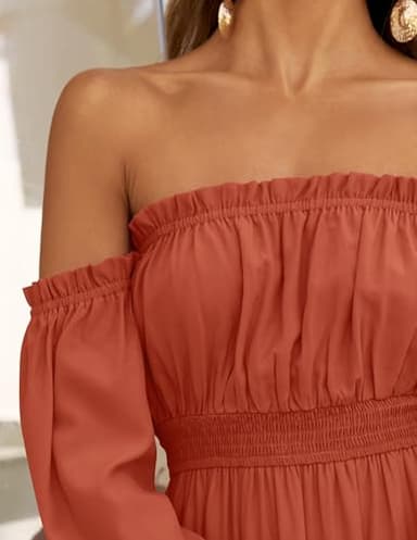 ZESICA Women's 2024 Boho Sexy Off Shoulder Long Sleeve Smocked High Waist Side Split Flowy A Line Tiered Long Maxi Dress,Rust,X-Large - Image 5