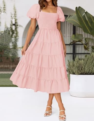 ZESICA Women's 2025 Summer Square Neck Short Puff Sleeve Solid Color High Waist Casual Smocked Flowy A Line Tiered Midi Dress,Pink,Medium - Image 2