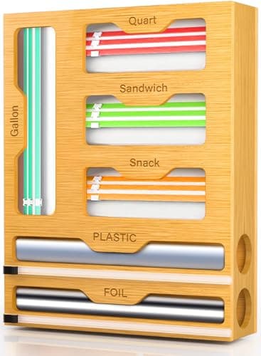 KOCWELL Bag Organizer and Plastic Wrap Dispenser with Cutter, 6 In 1 Bamboo Foil and Plastic Wrap Organizer for Kitchen Drawer, Food Storage Bag Organizer for Gallon,Quart,Sandwich,Snack(Yellow) - Image 1