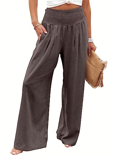 ANRABESS Women Linen Palazzo Pants Summer Boho Wide Leg High Waist Casual Lounge Pant 2025 Beach Travel Vacation Outfits Coffee X-Large - Image 1
