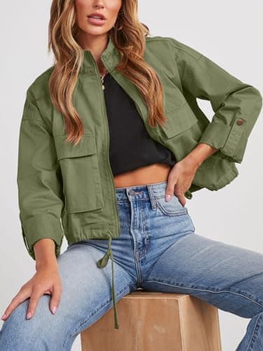 Tankaneo Women Casual Cropped Jackets Zip Up Lightweight Military Safari Short Utility Coat with Pockets - Image 3