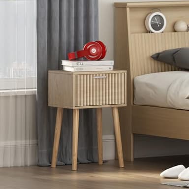 LAATOOREE Nightstands Set of 2, Small Side Table, Bedside Table with Fluted Door, Solid Wood Feet; Modern Mid-Century End Table for Bedroom, Small Space (Natural) - Image 5