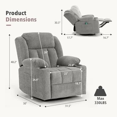 Ketaiyou Rocker Swivel Recliner Chair for Adults, Overstuffed Large Manual Recliner Glider with Massage and Heat, Comfy Soft Fabric Living Room Reclining Sofa Chair(Lime Gray) - Image 2