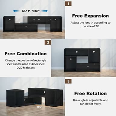 Rolanstar Deformable TV Stand with LED Strip & Power Outlets, Modern Entertainment Center for 45/50/55/60/65/70 inch TVs, Gaming Media 2 Pieces Console Cabinet, Black - Image 2