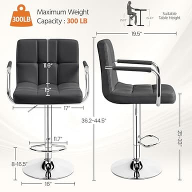 Yaheetech Bar Stools Set of 4, PU Leather Adjustable Barstools with Armrest, Counter Height Stool Chairs with Thickened Seat Cushion for Kitchen Island, Grey - Image 3