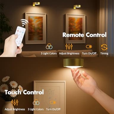 3Pcs Battery Operated Picture Light, Magnetic Led Painting Light with Remote Dimmable and Timer, 3 Lighting Modes Art Display Light for Picture Frame Paintings, Wireless Wall Decor Puck Lights, Gold - Image 5