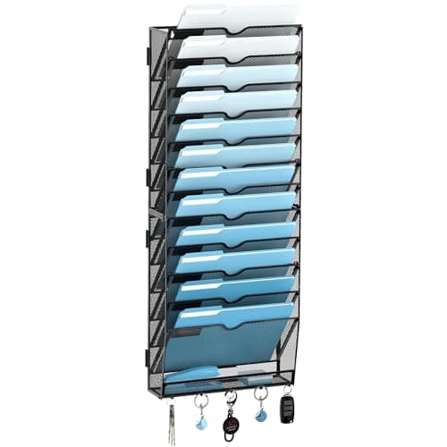 SUPEASY 13-Tier Wall File Organizer, Wall File Holder with Hooks, Mesh Hanging File Organizer, Mail Organizer Wall Mounted for Papers, Folders, Office Magazine Rack, Assembly Needed, Black - Image 1