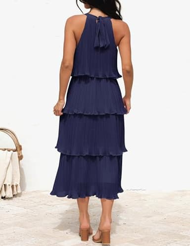 ZESICA Women's 2025 Summer Sleeveless Halter Neck Ruffle Tiered Layed Chiffon Flowy Swing Long Midi Dress,Navy,Small - Image 4