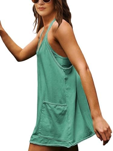 Lentta Womens Athletic Sleeveless Mini Dress with Built-in Shorts V Neck Spaghetti Strap Sundress(Green-M) - Image 6