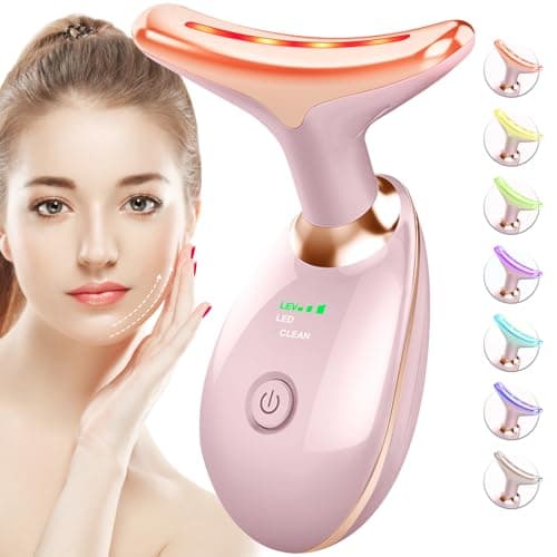 SDKWDH Red-Light-Therapy-for-Face-and-Neck, 7 Color Face Massager Tool for Wrinkles, Double Chin, Vibrating Facial Massager with Thermals for Skin Care, Glossy Pink - Image 1