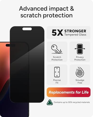 ZAGG Glass Elite Privacy Screen Protector for iPhone 16 Pro Max - 2-Way Privacy Filter, Ultra-Strong Tempered Glass, 5X Stronger, InvisibleShield, Smudge-Free, Easy Install, Recycled Content - Image 3