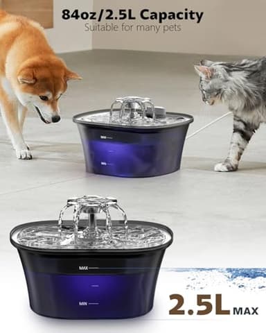 Cat Water Fountain - Recant Cat Fountain 2.5L/84oz Automatic Pet Fountain with Stainless Steel Lid, Dog Water Dispenser with Replacement Filters for Cats Dogs Multiple Pets (Black, Large) - Image 7