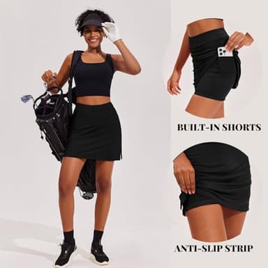 Ekouaer Golf Skirts for Woman with Pockets Silicone Grippers Tennis Skirt Inner Shorts Athletic Pickleball Running Skort,Black Large - Image 2
