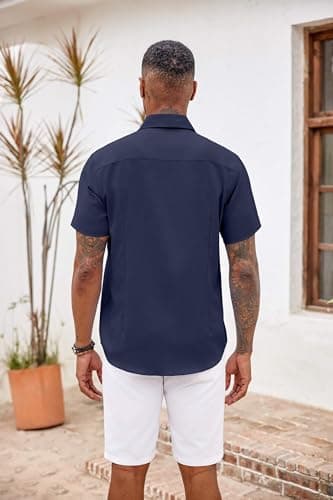 COOFANDY Men's Summer Shirt Short Sleeve Button Up Shirt Regular Fit Tropical Holiday Beach Shirts Navy Blue - Image 6
