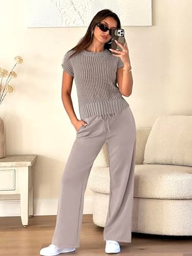 ANRABESS Women Two Piece Outfits Crochet Sheer Knit Sweater Top Wide Leg Pants Lounge Matching Sets Sweatsuit Travel Clothes light khaki Medium - Image 4