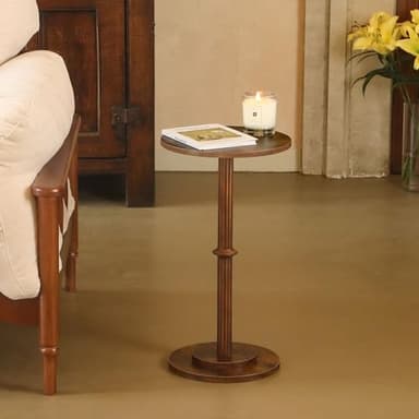 MaxSmeo Drink Table, Small Side Table for Small Spaces, Modern Round End Table with Fluted Wood Leg, Rustic Brown - Image 5