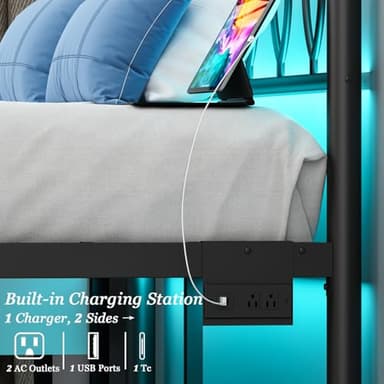 Samurbex Twin Size Bed Frame with Headboard,Black Metal Platform Bed Frame Twin Size with Charging Station & LED Lights,12-Inch Under Bed Storage,No Box Spring Needed,Noise Free,Easy to Assemble - Image 4