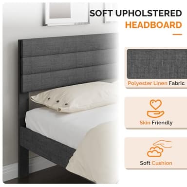 VINGLI Platform Bed Frame Queen Size with Linen Fabric Headboard,Modern Panel Low Profile Bed with Upholstered & Sturdy Slats Support for Bedroom, Mattress Foundation, Dark Gray - Image 5
