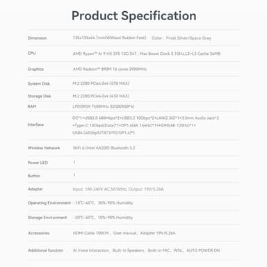 Beelink SER9 Pro AI Mini PC, AMD Ryzen AI 9 HX 370(80TOPS,12C/24T,5.1GHz), 64G LPDDR5X 8000MHz 2TB PCIe4.0 x4 SSD, AI PC AMD Radeon 890M NPU 50 AI Tops, Built-in MIC/Speakers/USB4/WiFi6/BT5.2/2.5G - Image 9