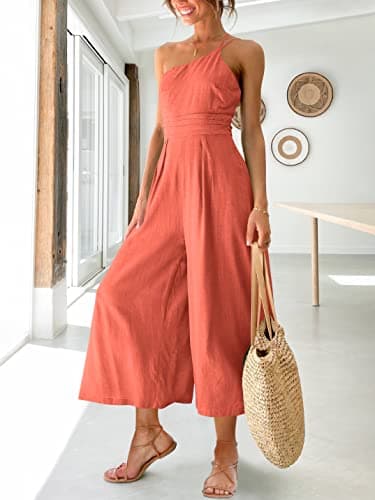 ANRABESS Women's Summer Straps One Shoulder High Waist Dressy Casual Wide Leg Linen Jumpsuit Romper Beach Travel Outfits Peach Medium - Image 2