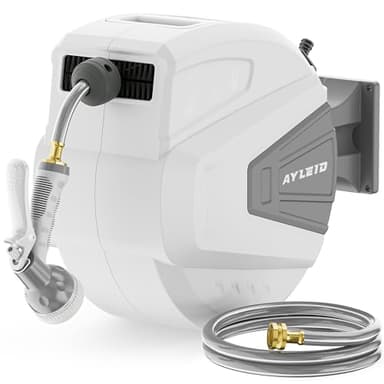 Ayleid Retractable Garden Hose Reel,1/2 in x 100 ft Wall Mounted Hose Reel, with 9- Function Sprayer Nozzle, Any Length Lock/Slow Return System/Wall Mounted/180°Swivel Bracket (Grey) - Image 1