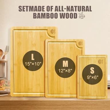 Cosy Family Wood Cutting Boards for Kitchen - Set of 3 - Bamboo Cutting Boards with Juice Groove, Serving Board Set, Thick Chopping Board for Meat, Veggies, Easy to clean - Image 2