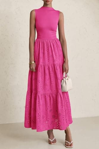 PRETTYGARDEN Summer Dresses for Women 2025 Casual Eyelet Sleeveless Wedding Guest Maxi Dress Tank Top Sundress with Pockets (Rose Red,Small) - Image 7