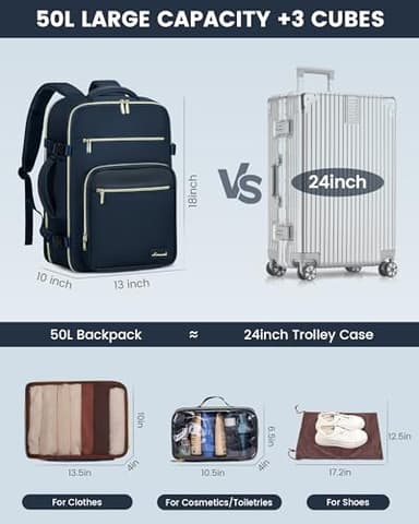 LOVEVOOK Travel Backpack For Women,50L Carry On Backpack Flight Approved,TSA Personal Item Travel Bag Fits 18 Inch Laptop,Business Weekender Overnight Daypack with Toiletry Bag and Cube,Dark Blue - Image 3