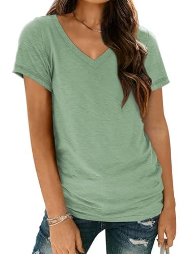 AUTOMET Womens Summer Tops School Outfits Short Sleeve Casual V Neck T Shirts Tees Tunic Fashion Trendy Comfy Clothes 2025 2025 Green L - Image 1
