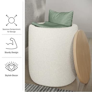 Lavish Home Storage Ottoman - Teddy Fabric Upholstered Ottoman with Wood Top for Living Room, Dorm, or Apartment - Ottomans with Storage (Cream) - Image 4