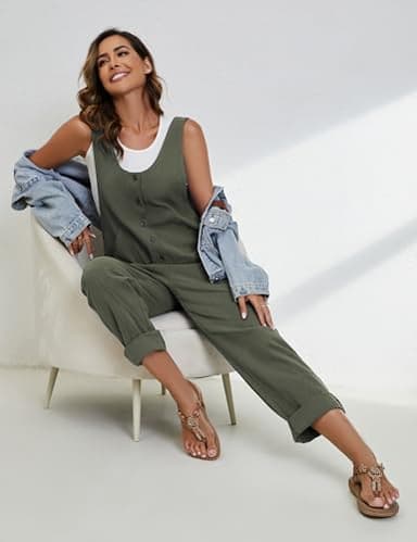 Yeokou Womens Overalls Linen Cotton Jumpsuits Loose Casual Jumpers with Pockets(ArmyGreen-M) - Image 5