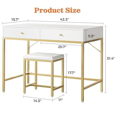 SUPERJARE 43-inch Modern White & Gold Desk - 2 Drawer Vanity, Computer & Home Office Study Desk for Writing & Bedroom - Image 3