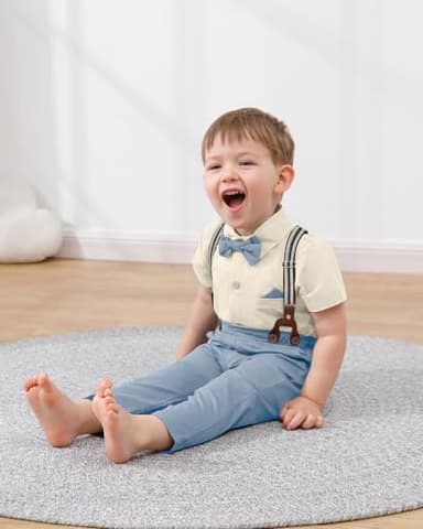 DISAUR Suit for Toddler Boys 4t 5t 4-5t Beige Dress Shirt Sky Blue Suspender Pants Easter Suits for Little Gentle - Image 7