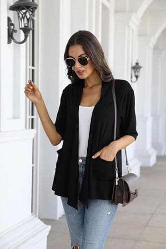 ADANIKI Womens Short Sleeve Open Front Lightweight Casual Comfy Long Line Drape Hem Soft Modal Cardigans Sweater with Two Pockets (Black, XXL) - Image 6