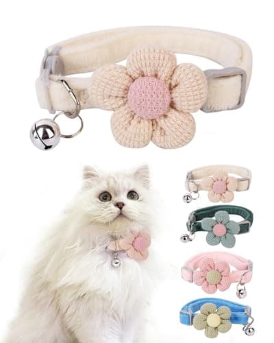 Cat Collar With Flower for Girls and Boys, Breakaway With Bells, Adjustable Kitten Collar, Cute (Beige, Breakaway) - Image 1